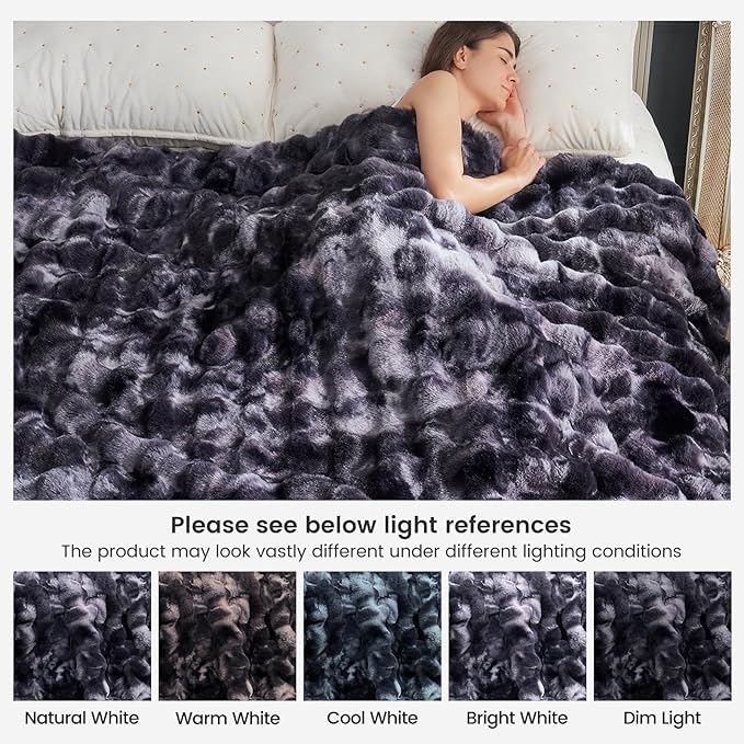 Cozy Bliss Faux Fur Throw Blanket for Couch, Fuzzy Soft Plush Thick Bubble Blanket for Sofa Bedroom Living Room, 90 * 90 Inches Tie Dye Black