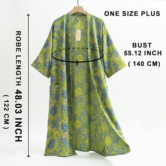 Women Cotton Double Gauze Jacquard Kimono Robe Bathrobe with Belt Pocket Comfortable Loungewear Yukata Sleepwear