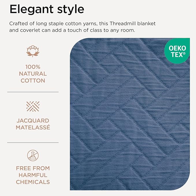 Threadmill Luxury Cotton Blankets for Twin Size Bed | All-Season 100% Cotton Twin Blanket for Bed | Criss Cross Jacquard Lightweight, Soft & Cozy Coverlet, 350GSM, 68x90 inches | Folkstone Blue