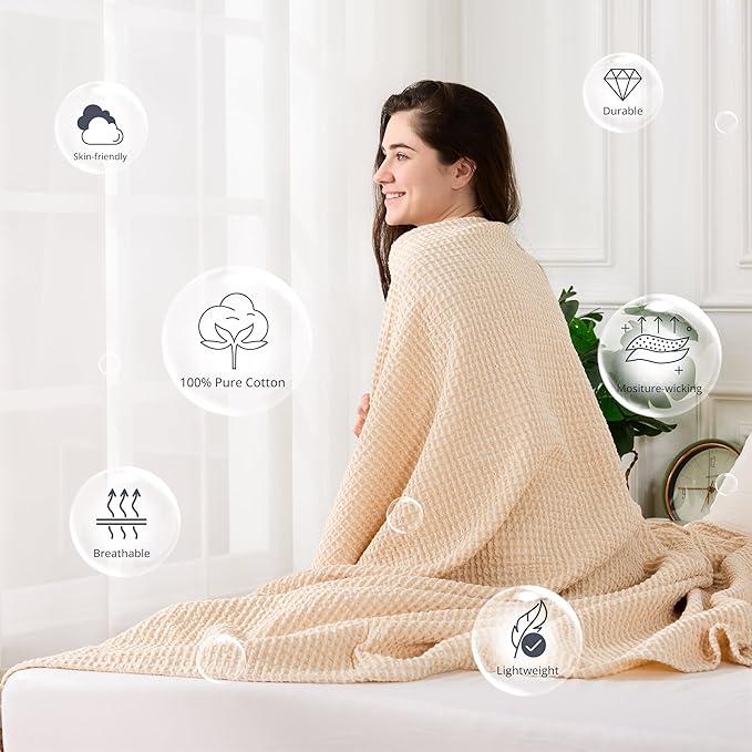 EGOHOME 100% Cotton Waffle Blanket Twin Size for Bed-Breathable and Lightweight,Soft Dual-Tone Textured Jacquard Waffle Weave Blankets for All Seasons,Banana Cream,60 x 80 Inches