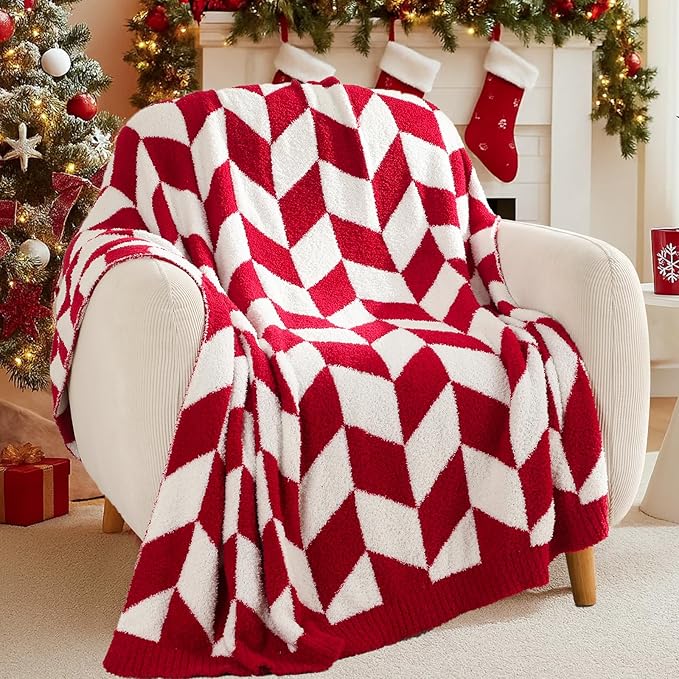 Snuggle Sac Chevron Red Throw Blanket for Couch, Super Soft Christmas Blankets Cozy Knit Fuzzy Plush Lightweight Throws for Sofa, Bed, Red,50x60 inches