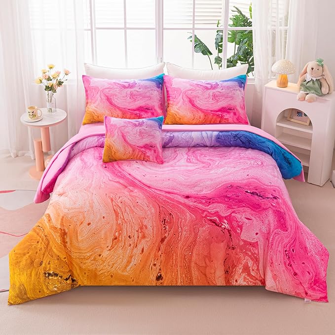 4Pcs Tie Dye Twin Comforter Set for Girls Kids, Watercolor Marble Abstract Art Pink Bedding Sets Twin Bed in A Bag (1 Comforter, 1 Flat Sheet, 2 Pillowcases)