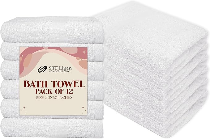 (Pack of 12 White Bath Towels Bulk 20x40 Inches -100% Cotton Economy Cheap Bath Towels for Commercial Uses, Gym, Salon, Spa & Hair - Quick Drying -Bath Towel Sets Bulk