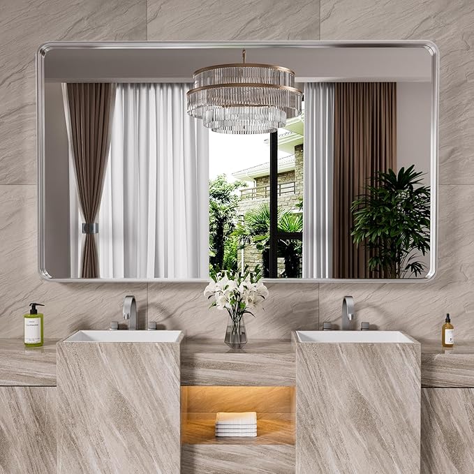 Brushed Nickel Bathroom Mirror 60x40 Inch, Brushed Silver Metal Frame Mirror Wall Mounted, Rounded Rectangle Bathroom Vanity Mirror, Tempered Glass, Anti-Rust, Horizontal/Vertical
