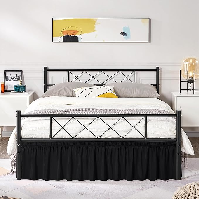Biscaynebay Wrap Around Bed Skirts with Split Corners for Full Beds 15" Drop, Black Adjustable Elastic Dust Ruffles Easy Fit Wrinkle Resistant Silky Luxurious Fabric Machine Washable