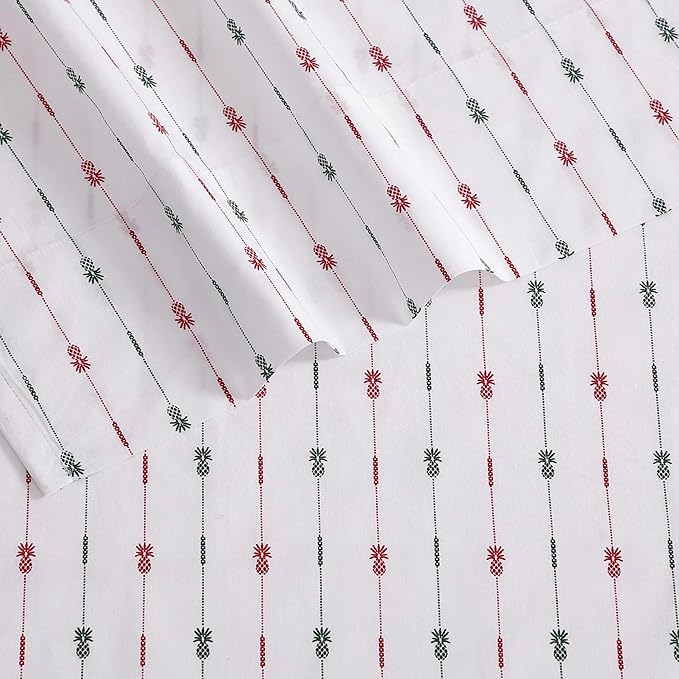 Tommy Bahama - Queen Size Sheet Set, Crisp & Cool Cotton Percale Bedding with a Smooth Lightweight Feel, 4 Piece Holiday Bed Sheets with Matching Pillowcases (Pineapple Pinstripe Red)