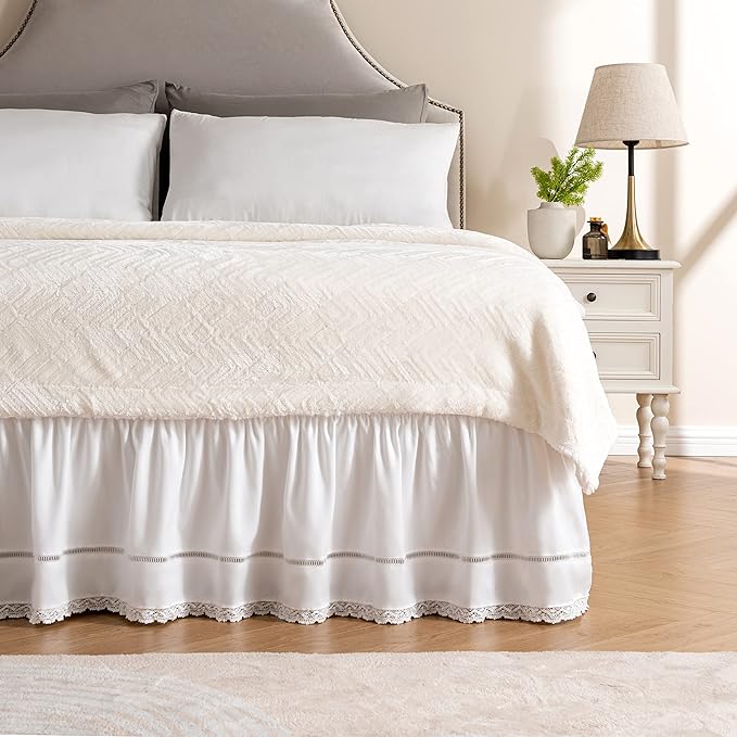 MIYE Wrap Around Ruffled Lace Bed Skirt, Elastic Dust Ruffle with Adjustable Belts,15 Inch Drop Easy to Put On, Bed Frame Cover, Machine Washable (Floral Lace, King/Queen-15)