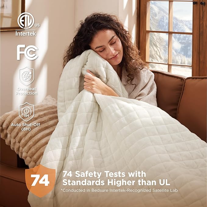 Bedsure Electric Blanket Twin - Quilted Heated Blanket Twin Size, Soft Flannel Thick Heating Blanket with 10 Time Settings & 6 Heat Settings, Warm Gifts for Women Men (62x84 inches, Ivory)
