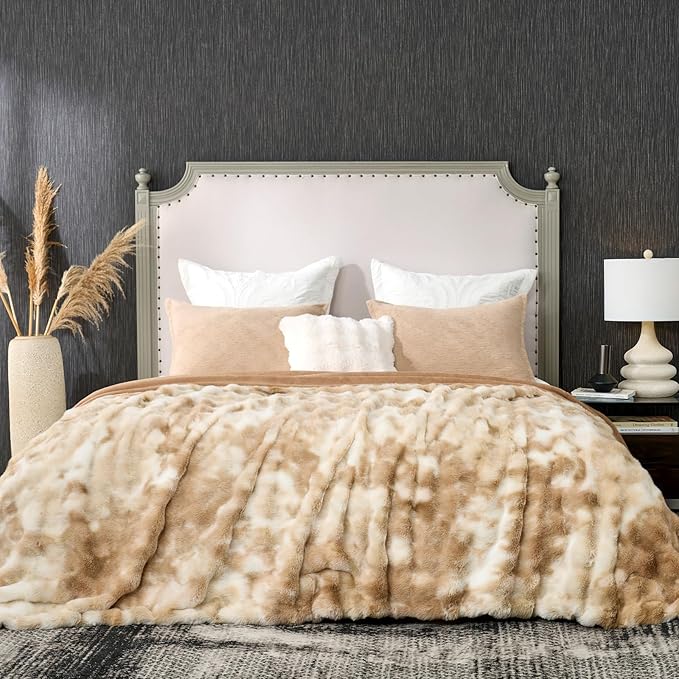Cozy Bliss Faux Fur Throw Blanket Queen Size, Fuzzy Soft Plush Thick Bubble Blanket for Bed Couch Bedroom Living Room, 90x90 Inches Tie-dye Beige