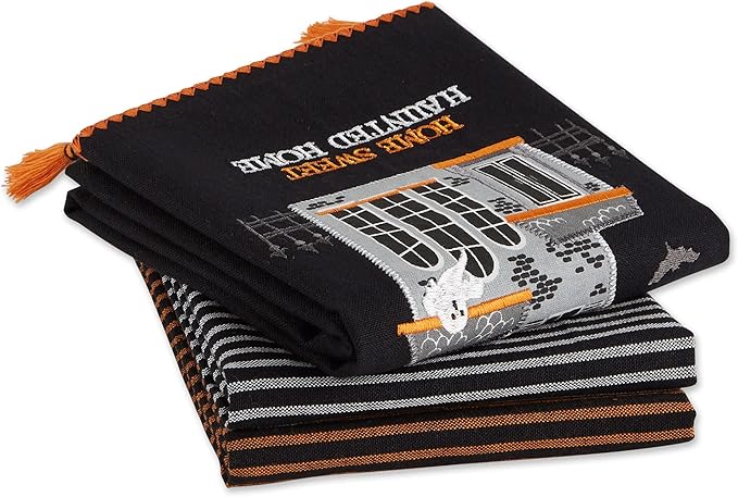DII Happy Halloween Dishtowel Collection Embellished Cotton Kitchen Hand Towel Set, 18x28, Home Sweet Haunted Home, 3 Count