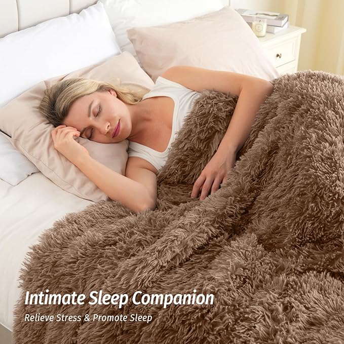 Wemore Shaggy Long Fur Faux Fur Weighted Blanket,Cozy and Fluffy Plush Sherpa Long Hair Blanket for Adult 15lbs,Fluffy Fuzzy Sherpa Reverse Heavy Blanket for Bed,Couch, Brown 60 x 80 Inches