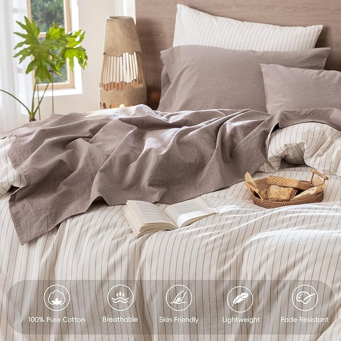 MooMee Bedding Sheet Set 100% Washed Cotton Linen Like Textured Breathable Durable Soft Comfy (Heathered Mauve Brown, King)