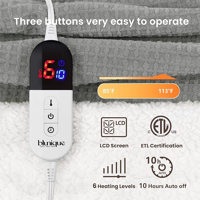 Heated Blanket Electric Blanket Full Waffle,72x84 Inches Sherpa Fleece Fast Heating Blanket 6 Heating Levels & 10 Hours Auto Off ETL Certification, Grey Full