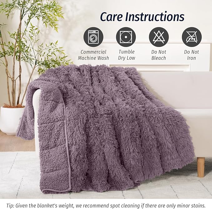 Wemore Shaggy Long Fur Faux Fur Weighted Blanket, Cozy and Fluffy Plush Sherpa Long Hair Blanket for Adult 15lbs, Fluffy Fuzzy Sherpa Reverse Heavy Blanket for Bed, Couch, Pink Purple, 60 x 80 Inches