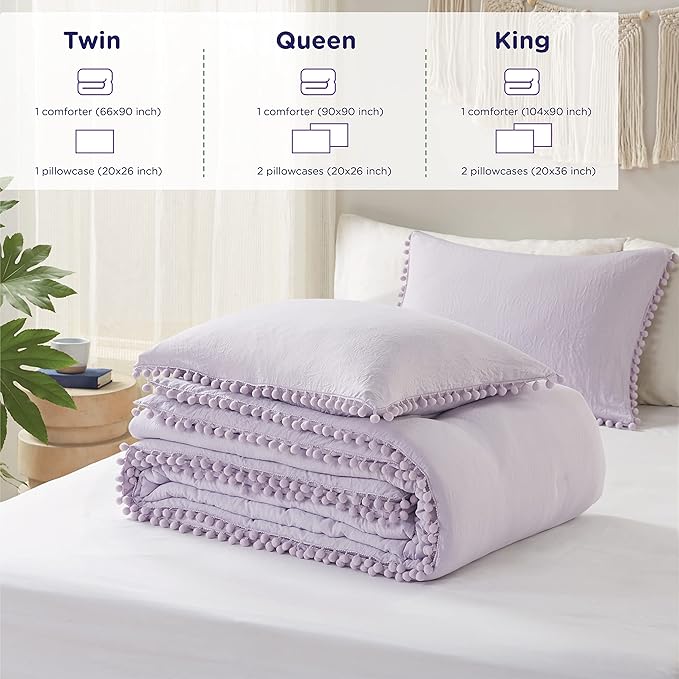 Codi Lavender Purple Boho Twin Comforter Set for Girls, Aesthetic Pom Fringe Design Cute Bedding, Soft Washed Microfiber Bed Sets, Lightweight Chic,1 Comforter & 1 Pillowcase