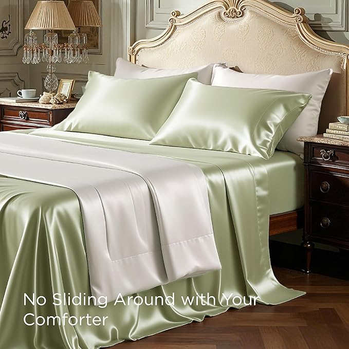 Bedsure Satin Sheets King Size - 4 Piece Silky Bedsheets with Elastic Corner Straps and 15 Inches Deep Pocket Fitted Bedsheet,1 Flat Sheet, 2 Satin Pillowcases, Good for Hair & Skin (King, Sage Green)