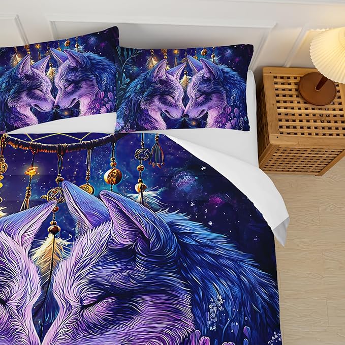 Purple Wolf Bedding Comforter Set Full Size，Dreamcatcher Flower Quilt Bedding Set Full，with 1 Comforter with 2 Pillow Case，Wolf Bedroom Decor for Kids Girls Boy