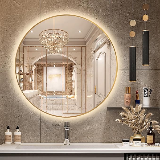 Niccy 32" LED Backlit Round Mirror for Bathroom, Gold Framed Vanity Light Wall Mirror LED Smart Circle Mirrors with 3 Lighting Colors, Dimmable Lighted Mirror with Anti-Fog, IP65 Waterproof