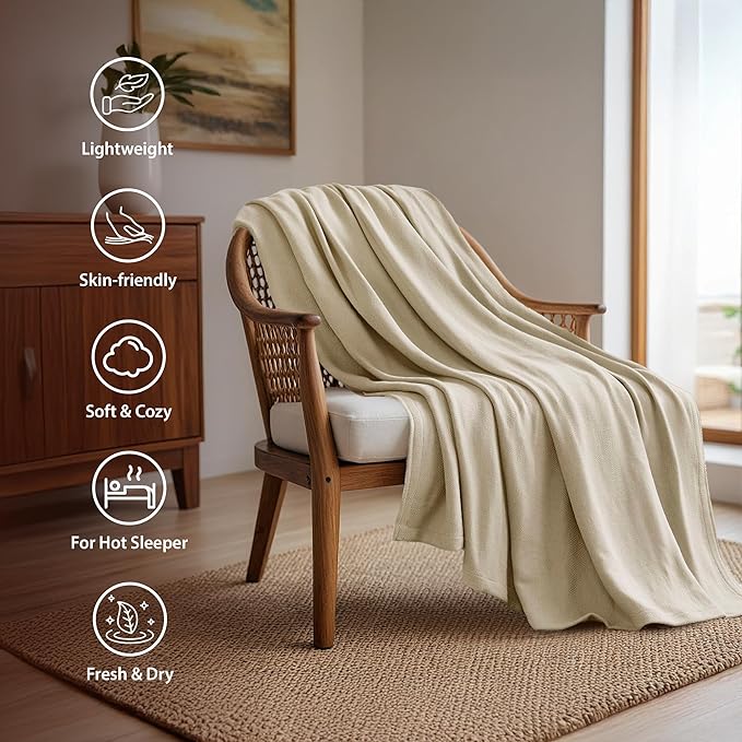 Twin Size Blanket, 70% Rayon (Derived from Bamboo) and 30% Cotton, Lightweight Jacquard Weave, Breathable and Soft Summer Blanket for Bed or Couch, 66” x 90”, Khaki