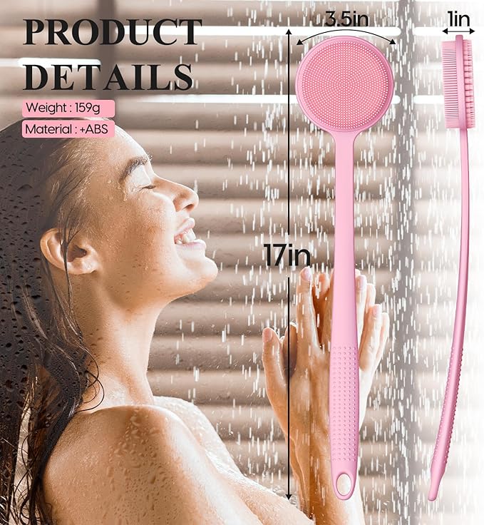 Silicone Back Scrubber for Shower, 17in Lengthen Long Handle Body Brush, Double Sided Shower Brush for Shower Exfoliating and Massage Can Produce Rich Foam, Long Handle Back Scrubber for Men