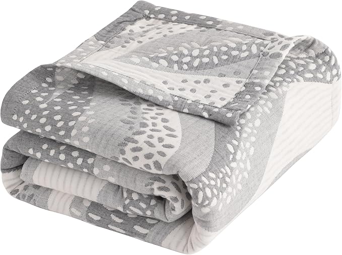 NTBAY 3 Layers Cotton Muslin 88x92 Queen Bed Blanket, Super Soft Breathable Thermal Yarn Dyed Quilt for Adults, Perfect Lightweight Blanket for Couch Sofa Bed All Seasons, Grey Wheat Waves