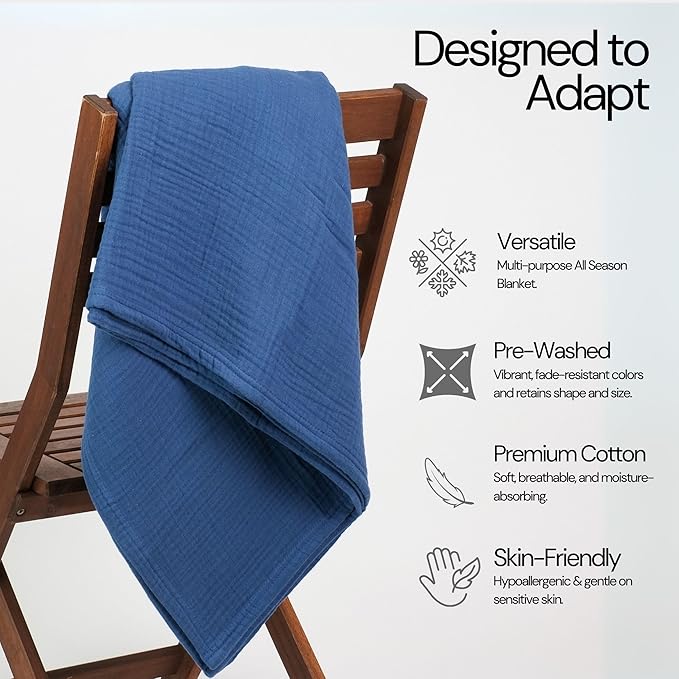 Salt Earth 100% Cotton Muslin Blanket, Gauze Blanket 80"X90" Queen, 4 Layered for Couch, Bed, Living Room,Lightweight & All Seasons Blankets & Throws, Easy to wash,Nature & Skin Friendly(Navy Blue)