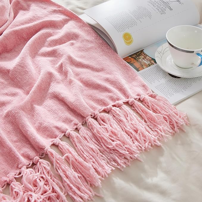 CozeCube Chenille Throw Blanket for Couch, Cozy Plush Fuzzy Decorative Pink Blanket with Fringe Tassels, Lightweight Throws for Bed Sofa Gift Home Decor, 60"X80"