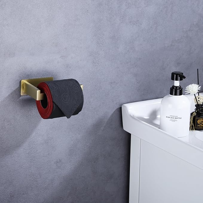 LANC Self-Adhesive Toilet Tissue Roll Holder, Brushed Gold Paper Holder Wall Mounted for Bathroom RV Stick On Toilet Tissue Holder with Drill Free Rustproof Stainless Steel, A8307BG