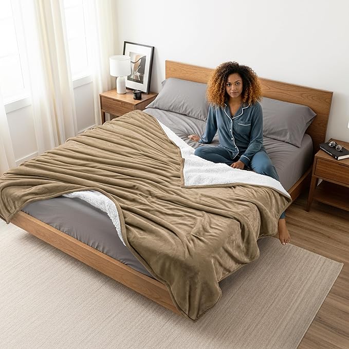 Utopia Bedding Sherpa Blanket Queen Size (Camel, 90x90 Inches) - Soft Lightweight Plush Fleece Reversible Blanket for Bed, Sofa, Couch, Camping and Travel