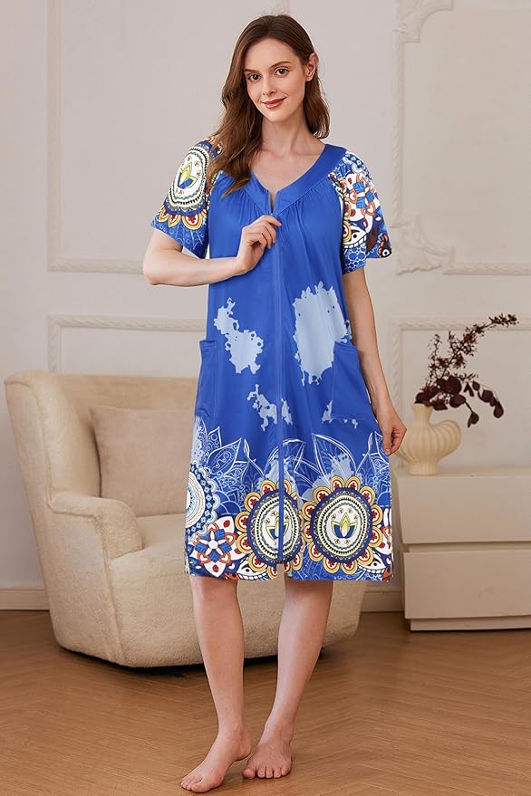 Ekouaer Women Robe Zipper Front Mumu Duster Robes Zip Up Housecoat Soft Sleepwear with Pockets S-3XL