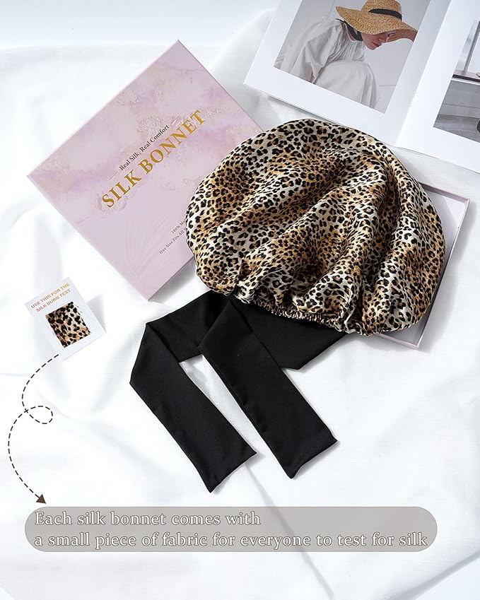 100% Mulberry Silk Bonnet for Sleeping Women Double Layer Silk Hair Bonnet Natural Sleep Cap with Elastic（Black + Leopard）