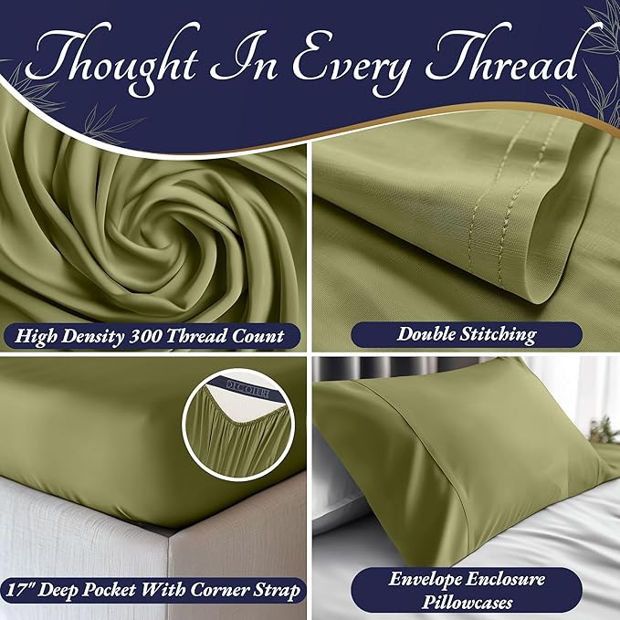 DECOLURE 100% Viscose Derived from Bamboo Sheets Full Size 4pcs - Ultra Soft & Luxuriously Cooling, 17" Deep Pocket, Double Stitching, Perfect for Hot Sleepers - Full Bed Sheets (Light Olive)