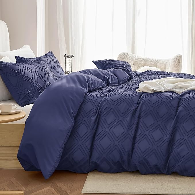 JELLYMONI Duvet Cover King Size Navy Blue - 3PCS Boho Duvet Cover Set Plaid Polyester Tufted Bohemian Jacquard Knit Textured Comforter Cover 104×90in Rhombic Geometric Pattern Zipper Corner Tie