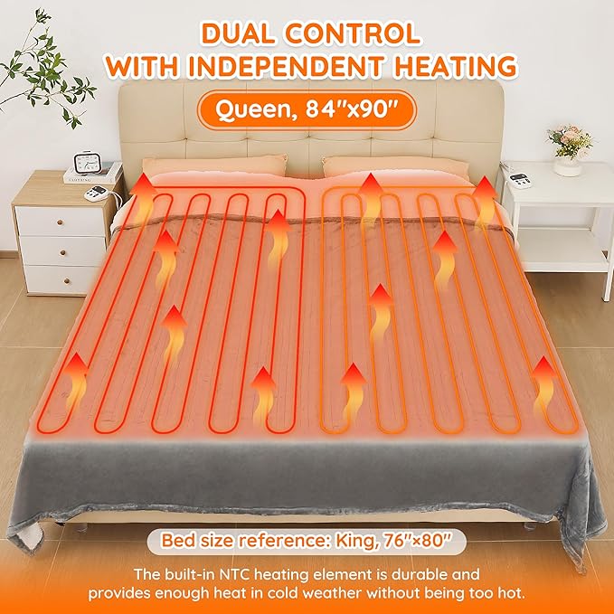 Mia&Coco Heated Blanket Queen Size （84"x90"） Dual Control Flannel Electric Blanket,10 Heat Levels,10-Hour Auto-Off, Fast Heating, Overheat Protection, Soft Heating Blanket for Home and Office- Gray