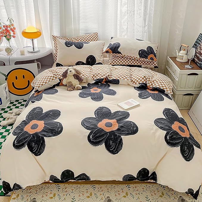 Cottonight Black Sunflower Comforter Set Full Black Beige Floral Bedding Comforter Set Full Big Flowers Cute Quilts Botanical Black White Blankets Elegant Bedding Set for Women Girls Female Teens