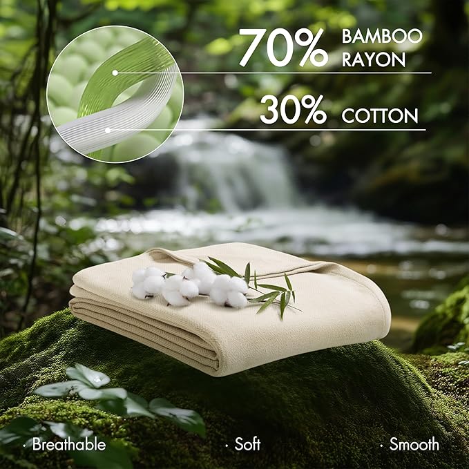 Madison Park Queen Size Blanket, 70% Rayon Bamboo-Based, 30% Cotton, Breathable for Hot Sleepers Menopause, Ultra Soft and Snag-Resistant, Summer Blanket for Bed or Couch, Queen 90"x90" Ivory