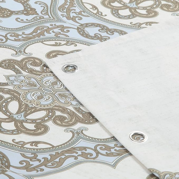 Fabric Shower Curtain, Ivory Taupe Blue Moroccan Paisley Pattern Shower Curtains for Bathroom, 72" W x 72" H