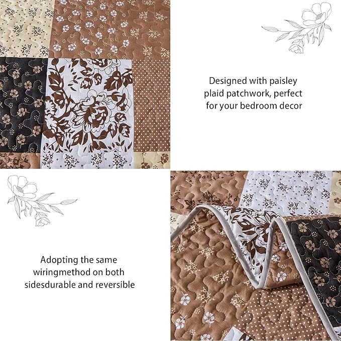 Mybedsoul Brown Patchwork Quilt Set California King Size,3 Pieces Khaki Floral Plaid Reversible Bedspread Coverlet Set for All Season,Summer Soft Microfiber Bedding Set 96"x 106"