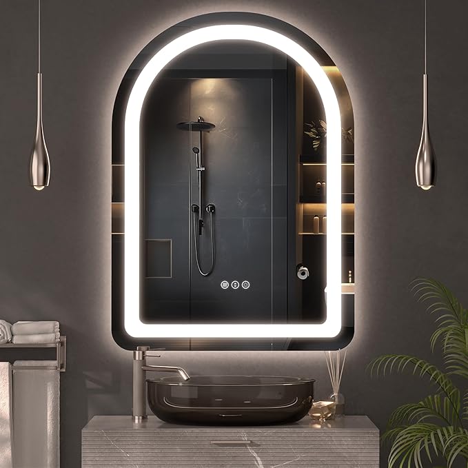 Hasipu 20x28 Inch Bathroom Mirror with Lights Arch LED Vanity Mirror Frontlit Smart Touch Sensor Dimmable 3 Colors Temperature Shatterproof Wall-Mounted Vanity Mirror Metal Frame