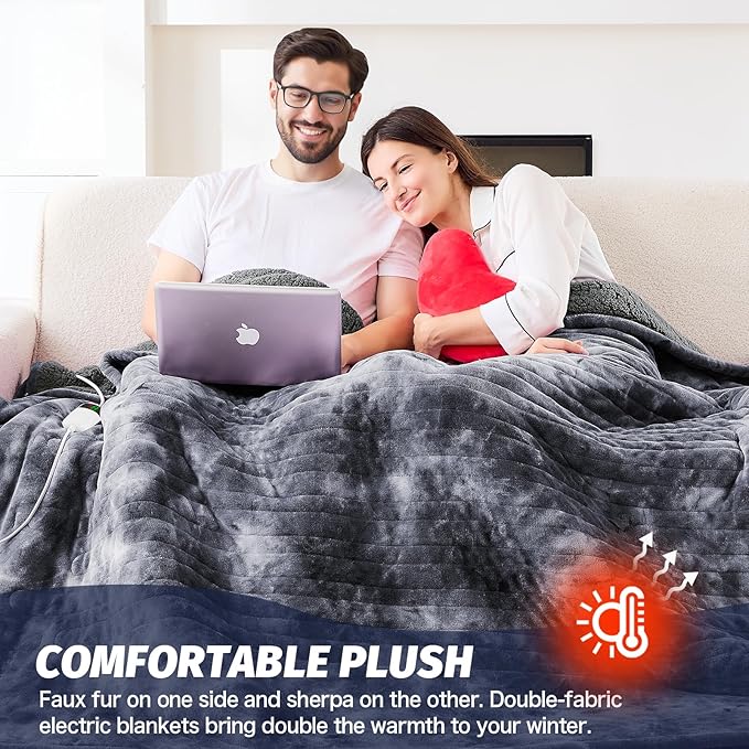 greenoak Heated Electric Blanket Throw, Faux Fur Sherpa Heating Blanket for Sofa Bed, Warm Winter Gift for Dad/Grandma, Heater Lap Blankets 5-Position Timer &10 Heating Levels 84''*90" Marble Grey