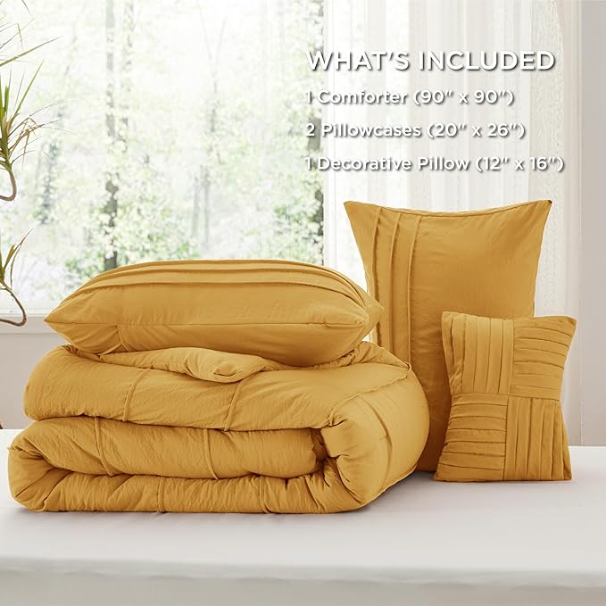 Bedsure Queen Comforter Set - 4 Pieces Pinch Pleat Bed Set, Mustard Yellow Boho Bedding for All Season, 1 Soft Comforter, 2 Pillowcases, 1 Decorative Pillow