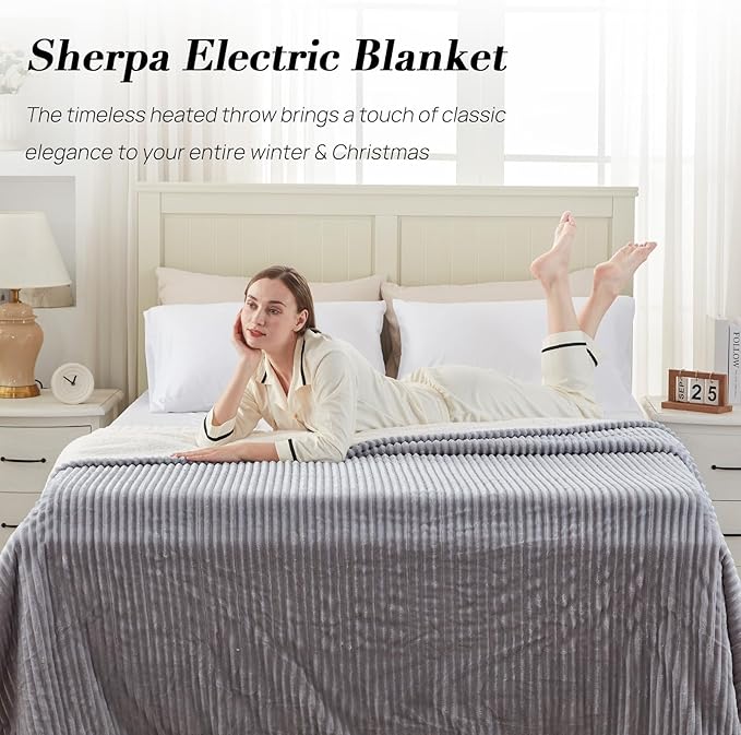 Westinghouse Full Size Heated Blanket, Soft Flannel to Sherpa Reversible, Electric Blanket Full with 10 Heating Settings & 1-12 Hours Auto Shut Off, Machine Washable, (72" x 84", Light Grey)