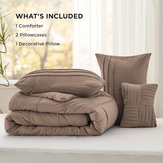 Bedsure Brown King Size Comforter Set - 4 Pieces Pinch Pleat Bed Set, Down Alternative Bedding Sets for All Season, 1 Comforter, 2 Pillowcases, 1 Decorative Pillow