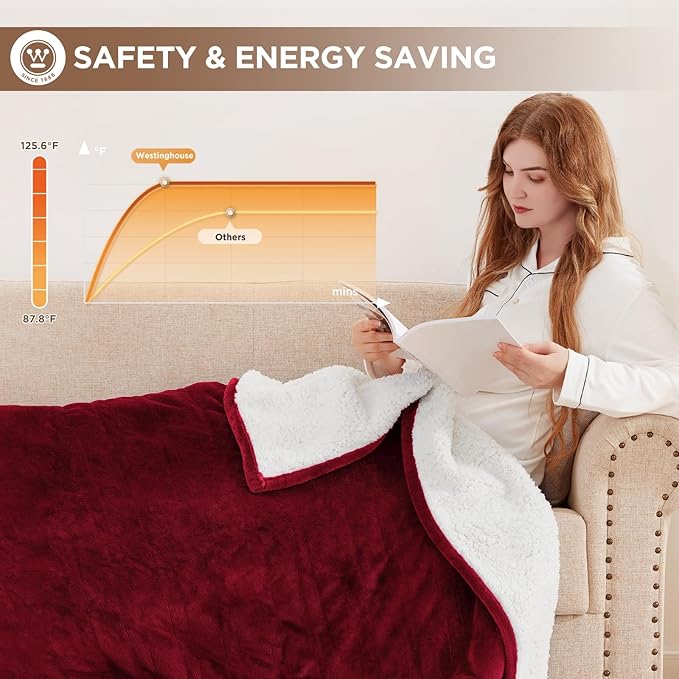 Westinghouse Heated Throw Blanket, Soft Flannel to Sherpa Electric Throw with 6 Heating Levels, 2-10 Hours Time Settings, Fast Heating, Machine Washable 50x60 Inch, Red