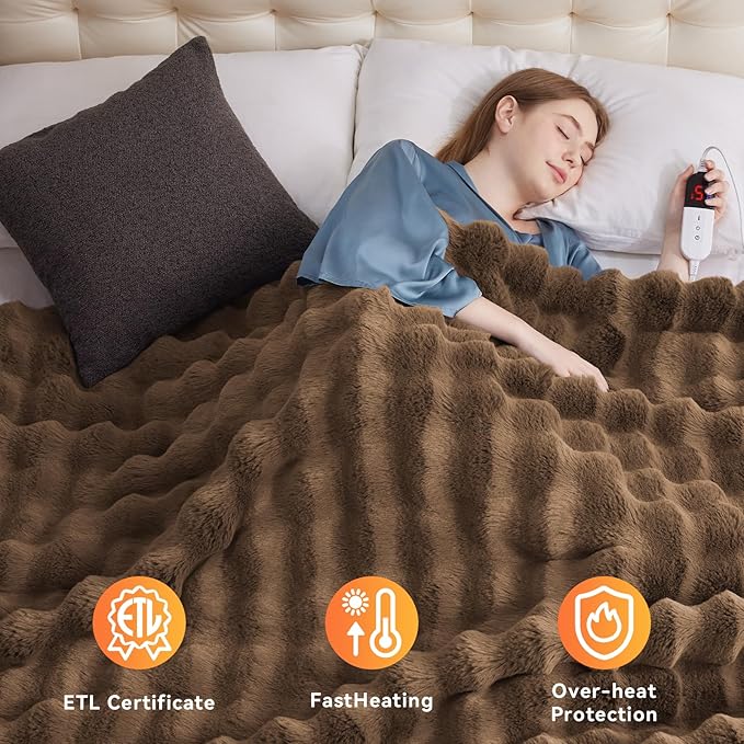 Heated Blanket Full Size with 1/2/4/6/8 Hours Auto-Off 10 Heat Level, 62'' * 84'' Cozy Faux Rabbit Fur Bubble Electric Blanket with Overheat Protection(Brown)