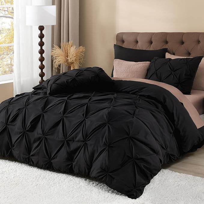 Litanika Black King Pinch Pleat Duvet Cover, 3 Pieces Pintuck Cover Soft Microfiber Bedding Set with Zipper Closure & Corner Ties(104x90Inch-1 Duvet Cover, 2 Pillowcases)