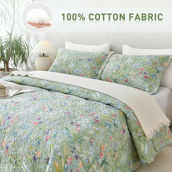 Lady Ann 100% Cotton Floral Oversized Queen Quilt Set - Green Flower Bird Butterfly Pattern Print Quilted 102x118 Bedspread & Coverlet Set, 3 PCS Lightweight Extra Soft Queen Bedding Sets All Season