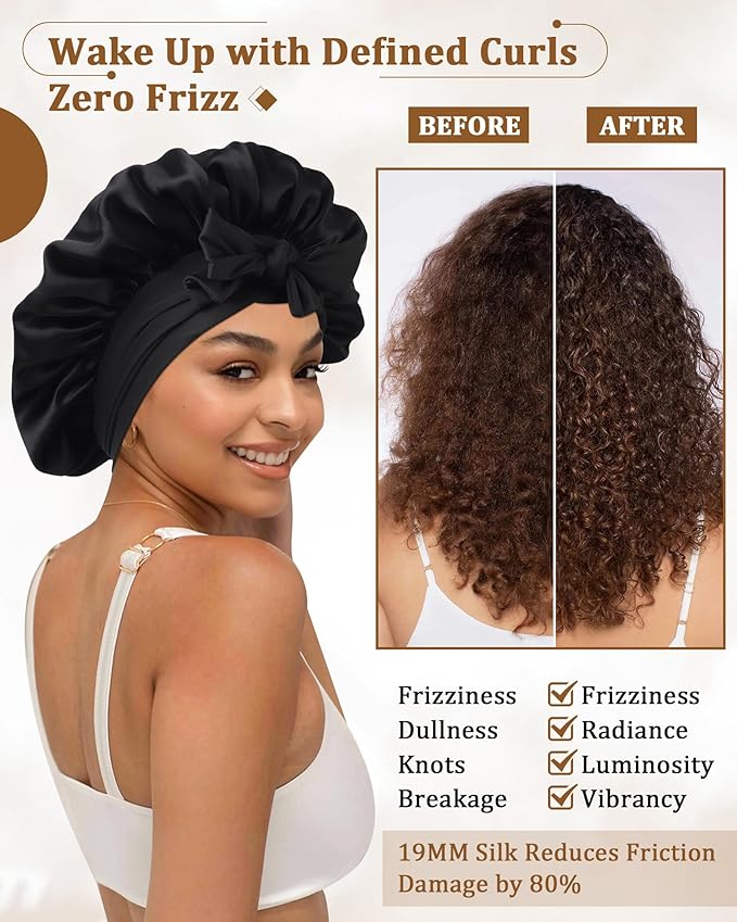 AWAYTR Mulberry Silk Bonnet for Sleeping - Silk Sleep Bonnet with Tie Band for Curly Hair Men and Women (Black)