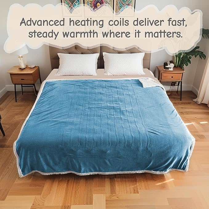 Electric Heated Blanket Twin Size 62"x84", Soft Flannel with Overheat Protection, 6 Adjustable Heat Settings & 10-Hour Auto-Off Timer, Fast Heating for Winter Comfort, Blue