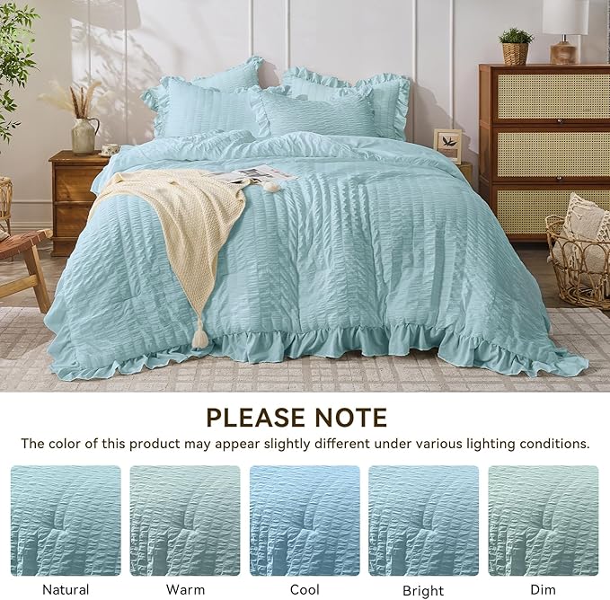 JOLLYVOGUE Blue Twin Size Comforter Set, 2 Pieces Seersucker Lightweight Fluffy Bedding Set, Twin Ruffle Comforter, All Season Soft Microfiber Shabby Chic Bed Set